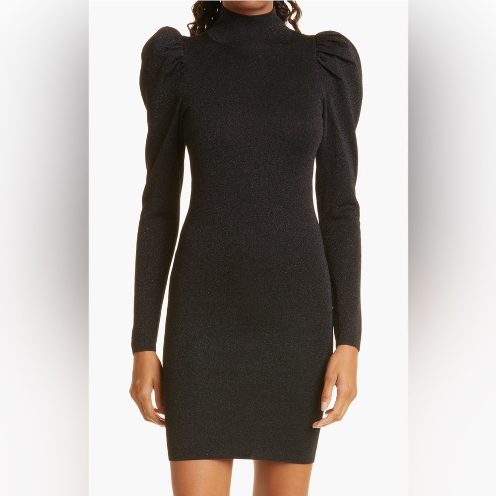 Alice+Olivia Issa Metallic Puff Long Sleeve Wool Blend Dress, black, size S, NWT